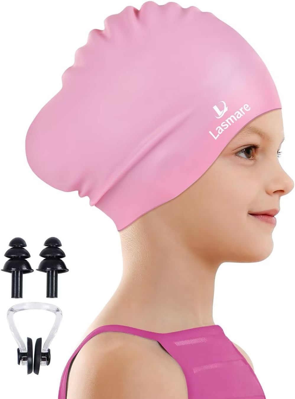 Kids Long Hair Swim Cap for Girls Boys, 2 Size Silicone Swimming Cap for Age 3-15 Toddler Children Teens, Waterproof Swim Hats Bathing Caps with Ear Plugs & Nose Clip to Keep Hair Dry