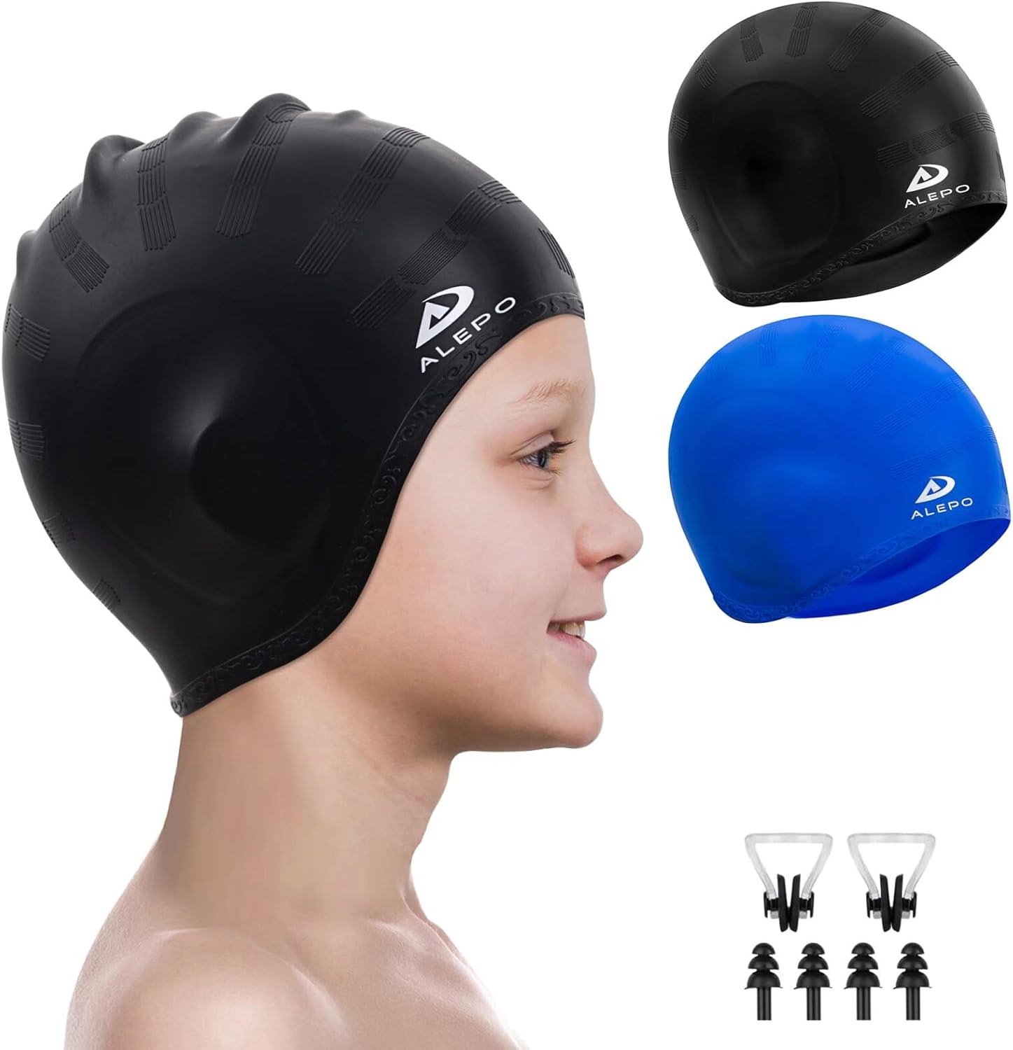 Alepo 2 Pack Kids Swim Caps for Boys Girls, Durable Silicone Swimming Cap with 3D Ear Pockets for Age 3-15 Toddler Child Youth Teen, Unisex Swim Bath Hats for Short/Long Hair with Ear Plugs Nose Clip