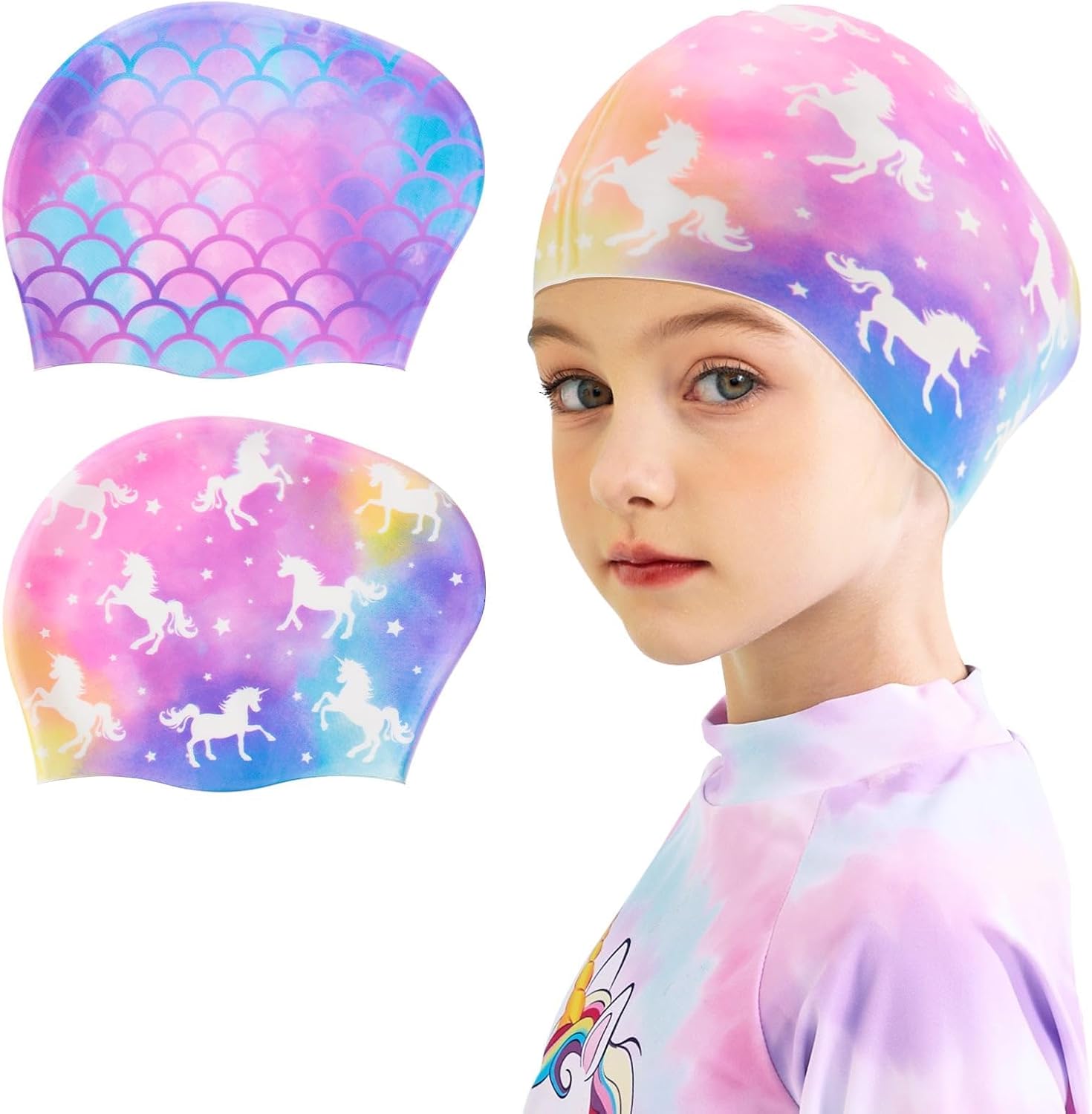2 Pack Kids Swim Cap Silicone Waterproof Swim Caps for Boys Girls (3-8 Years) Unicorn Mermaid Design Swimming Cap for Kids 3-8 Long and Short Hair