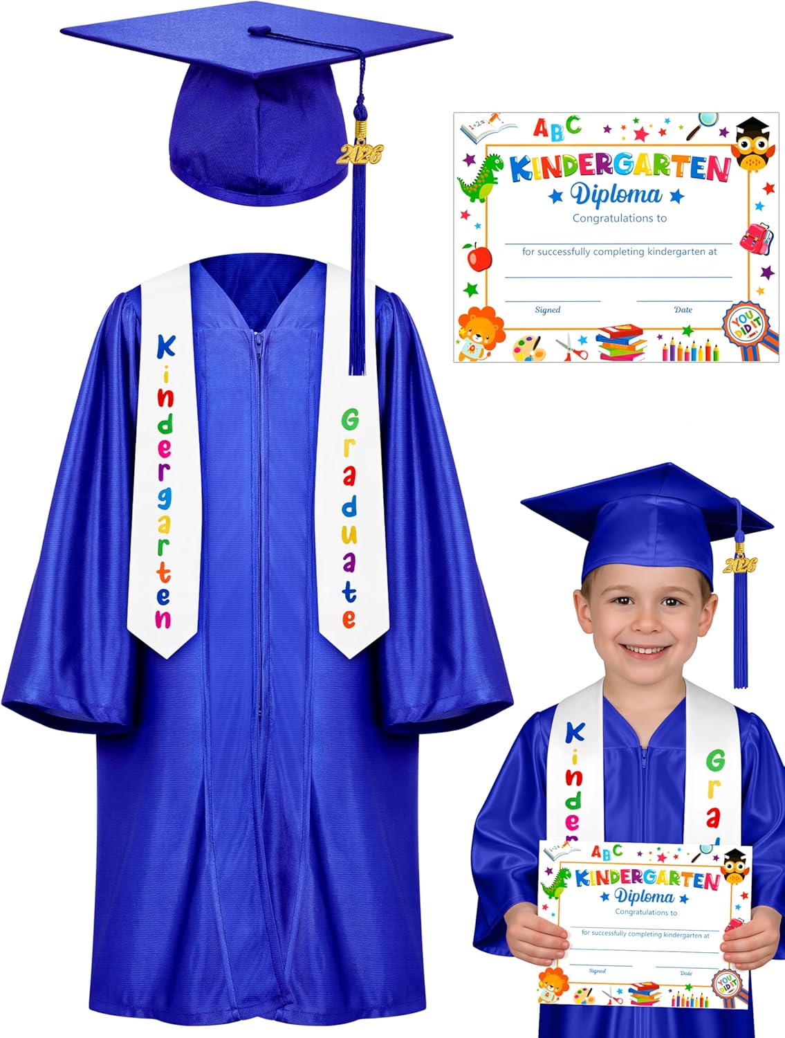 QZYL Kindergarten Graduation Cap and Gown Set, 2026 Congrats Grad Outfit with Tassel & Certificate for Kindergarten