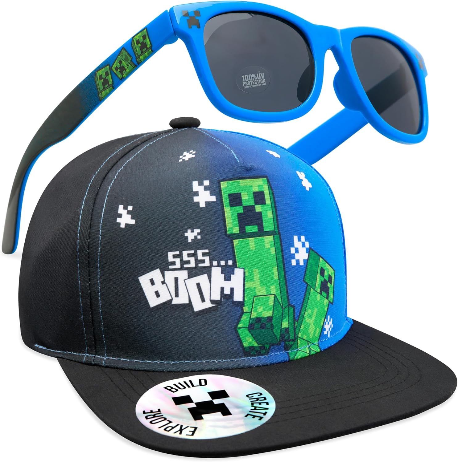Minecraft Trucker Hat Baseball Cap and Kids Sunglasses Set Adjustable Snapback UV Protection Gamer Gifts