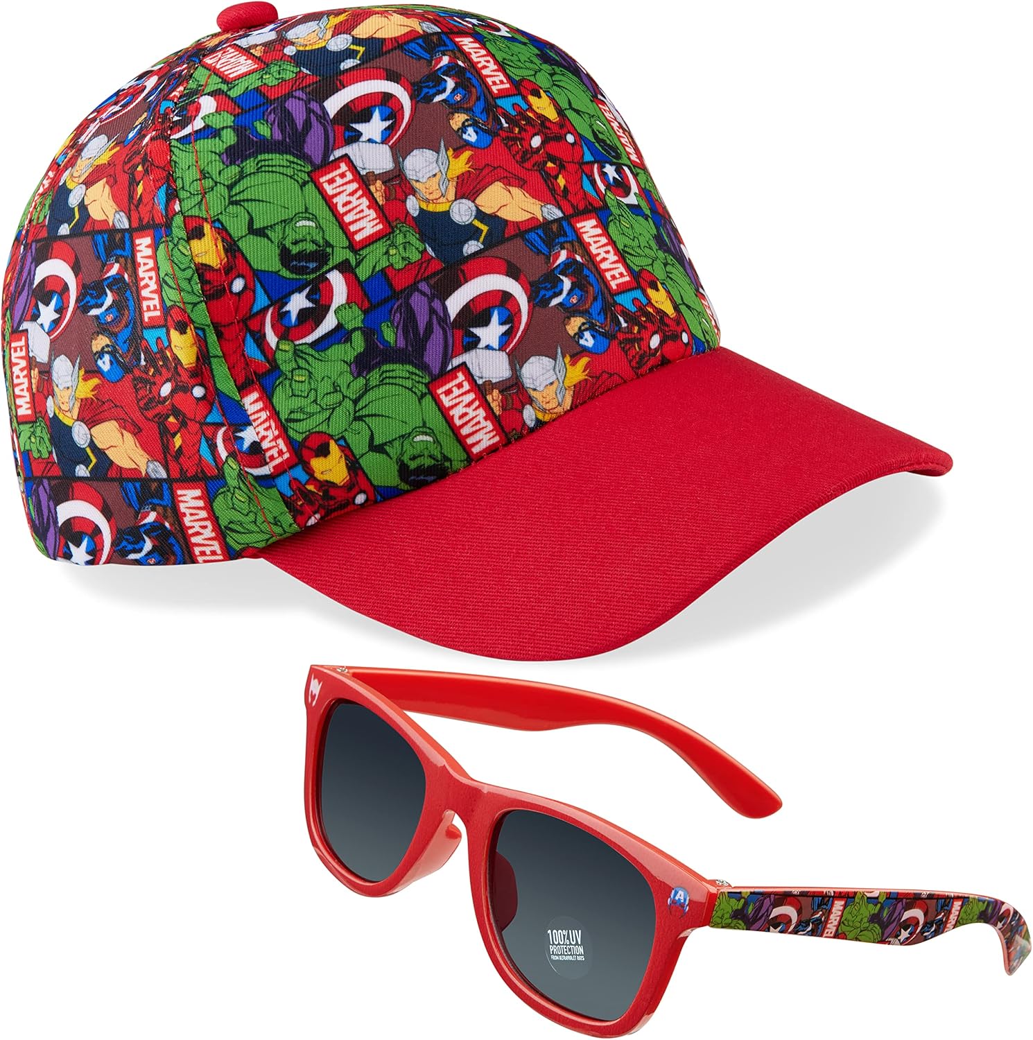 Marvel Spiderman Baseball Cap and Kids Sunglasses Set Breathable Adjustable Sun Hat 100% UV Summer Accessories Set Vacation Essentials Gifts for Boys (Red/Multi)